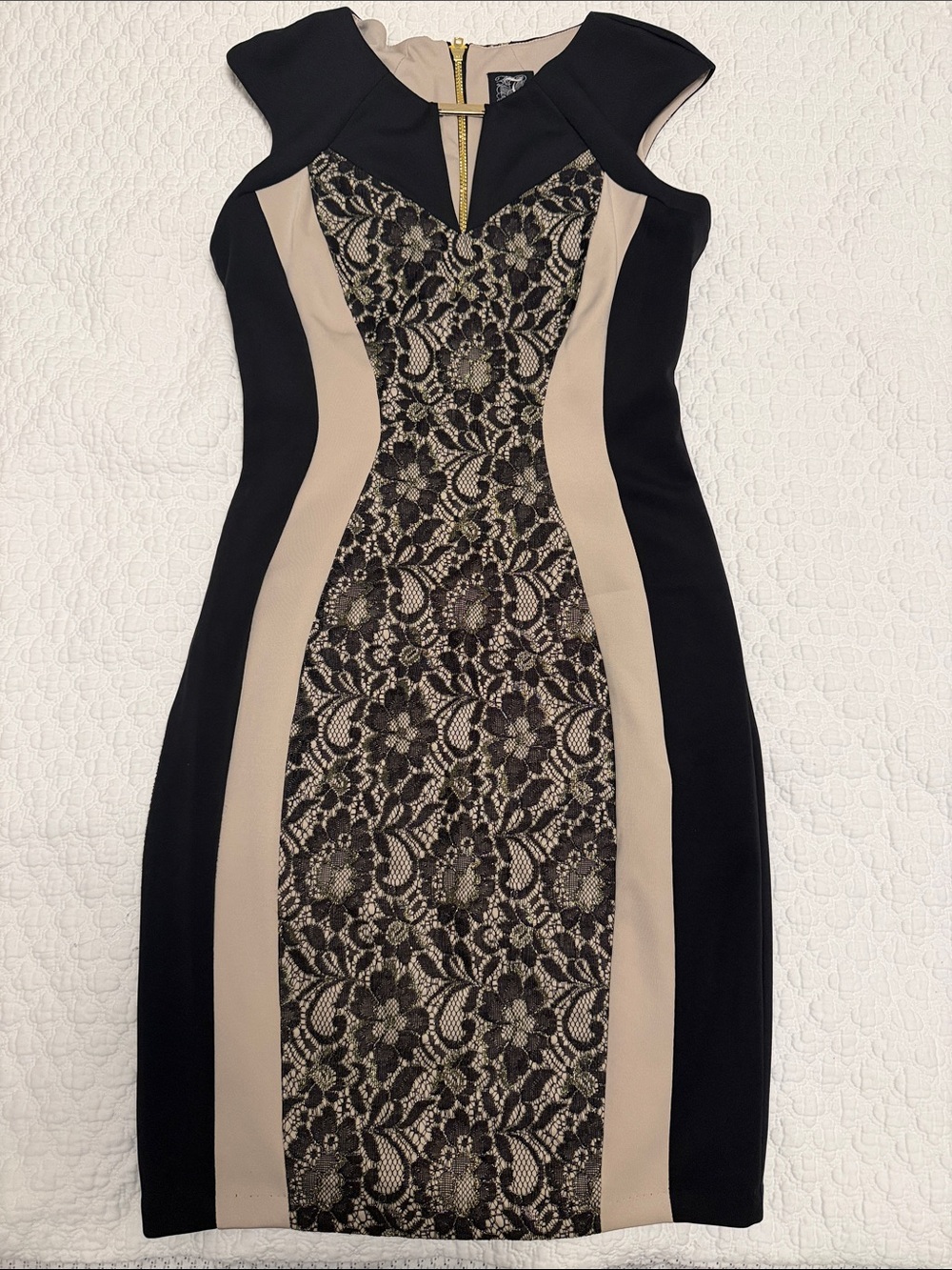 Jax Black and Beige Lace-Panel Midi Dress